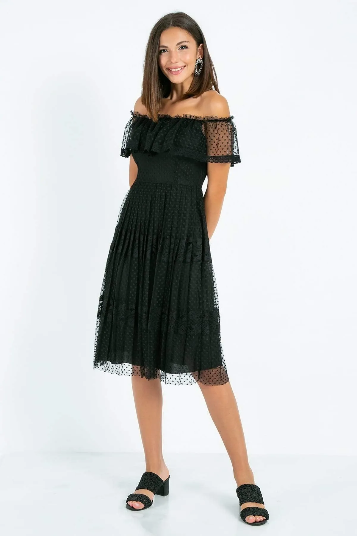 13387 Black Off-Shoulder Tulle Dress