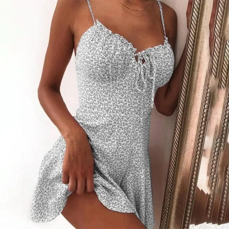 2023 Women's Floral Print Tie-Front Spaghetti Strap Mini Dress for Summer Parties