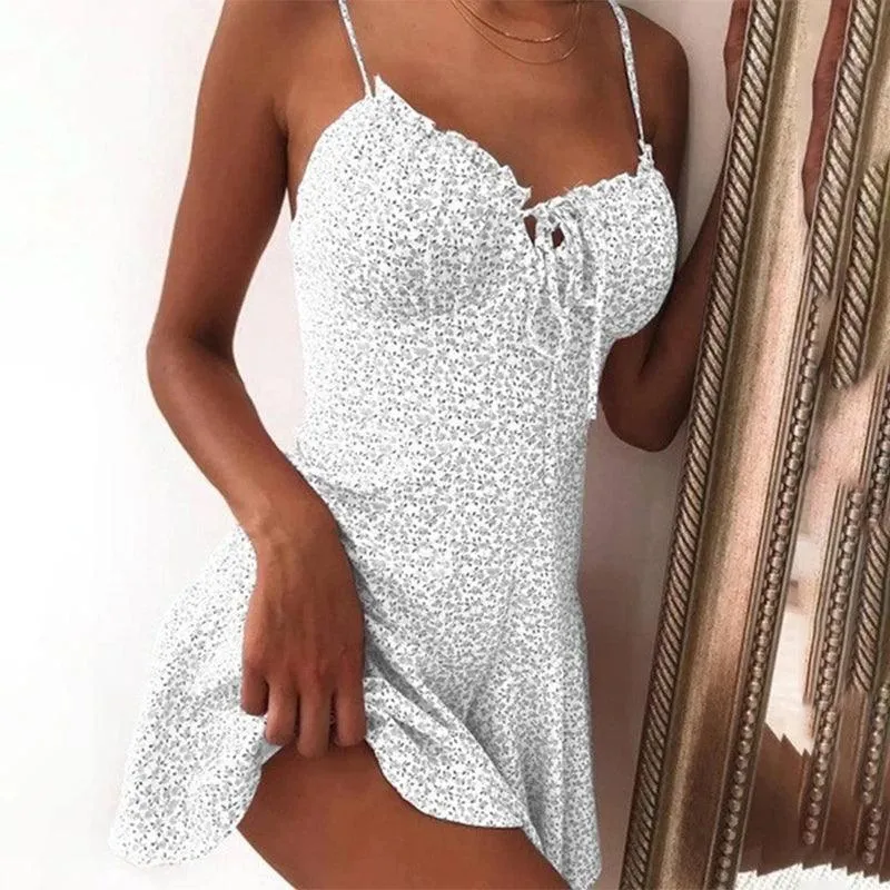 2023 Women's Floral Print Tie-Front Spaghetti Strap Mini Dress for Summer Parties