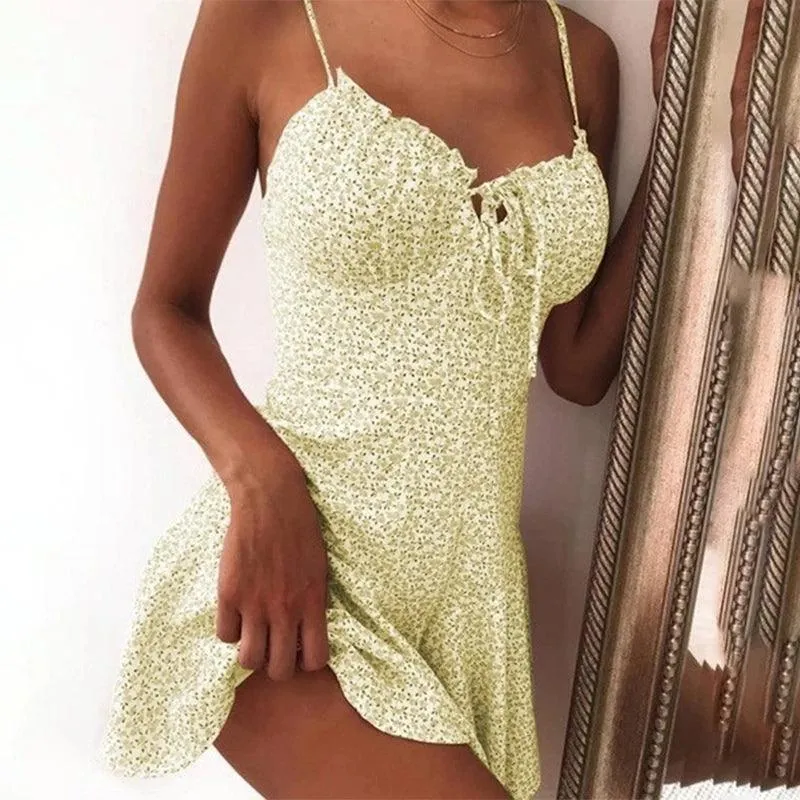 2023 Women's Floral Print Tie-Front Spaghetti Strap Mini Dress for Summer Parties