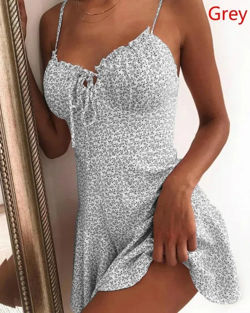 2023 Women's Floral Print Tie-Front Spaghetti Strap Mini Dress for Summer Parties