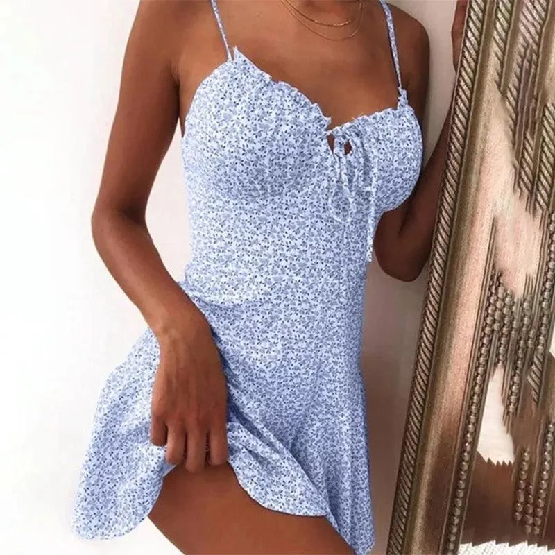 2023 Women's Floral Print Tie-Front Spaghetti Strap Mini Dress for Summer Parties