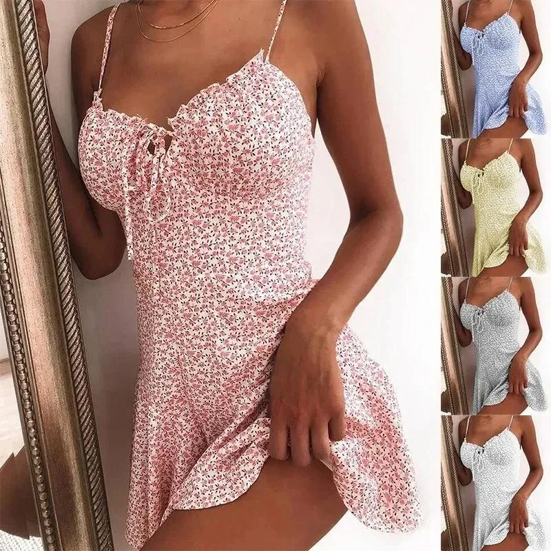 2023 Women's Floral Print Tie-Front Spaghetti Strap Mini Dress for Summer Parties