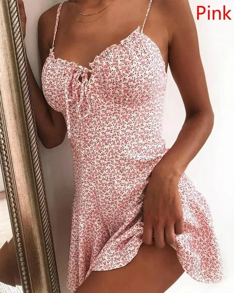 2023 Women's Floral Print Tie-Front Spaghetti Strap Mini Dress for Summer Parties