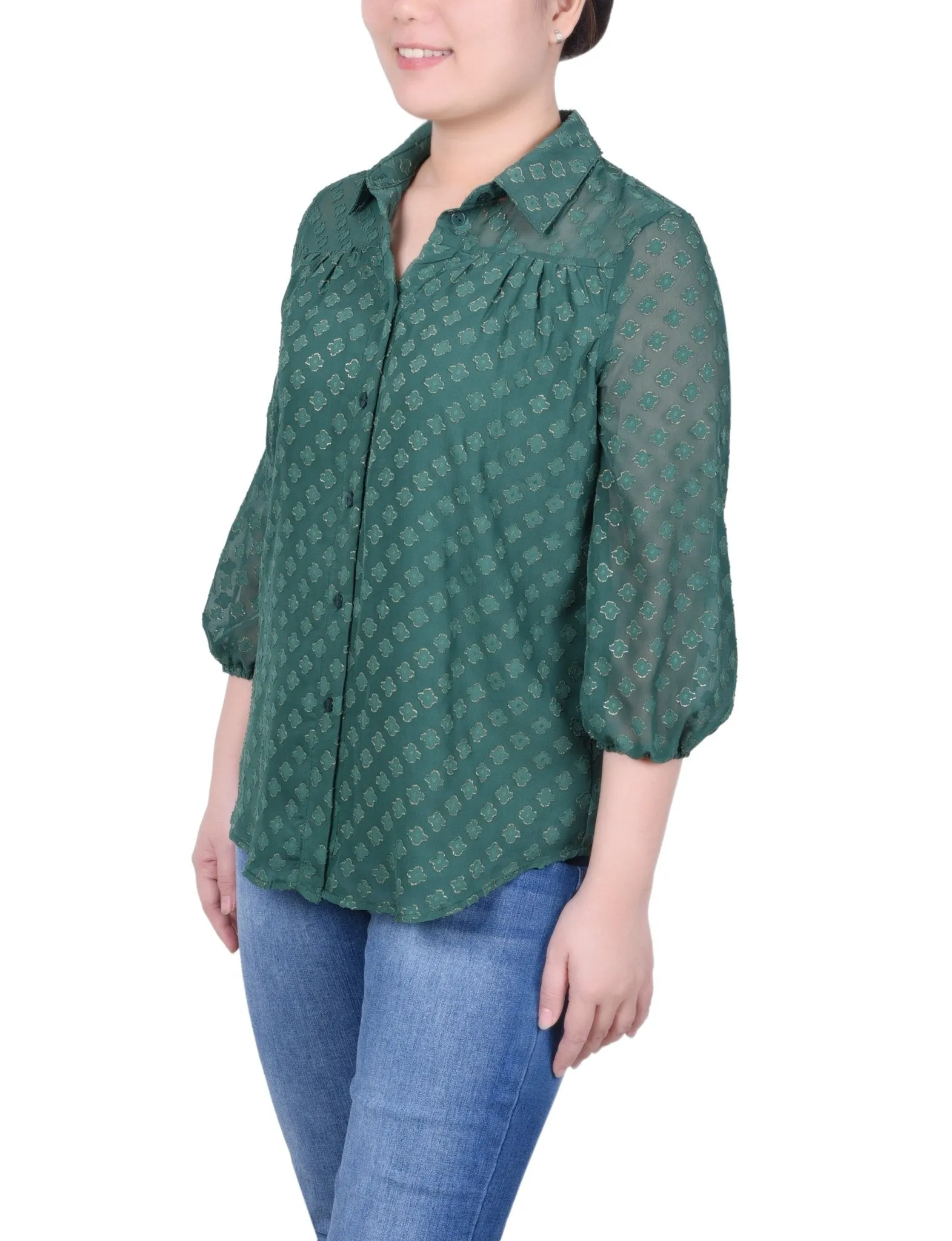 3/4 Length Sleeve Foiled Jacquard Chiffon Blouse - Petite