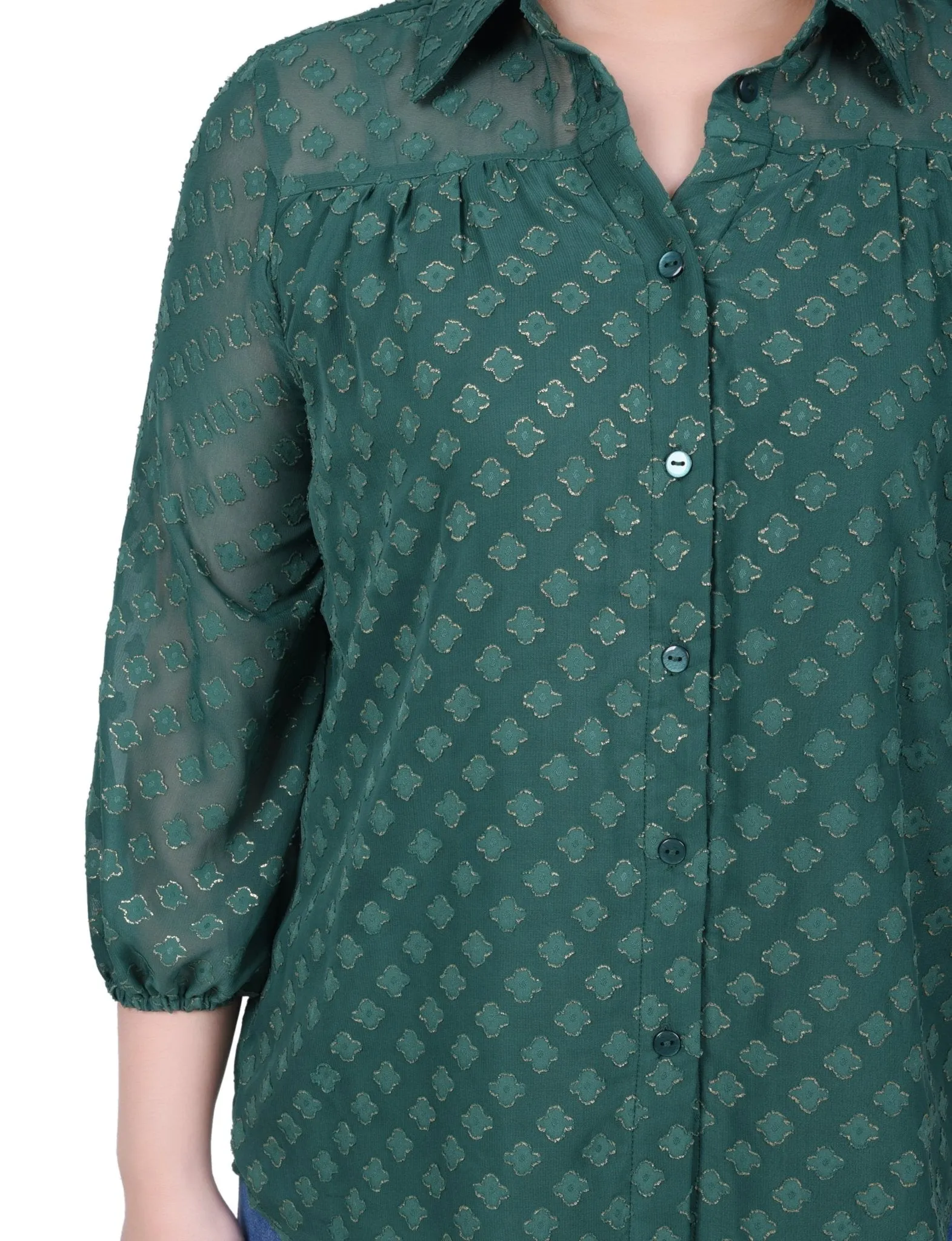3/4 Length Sleeve Foiled Jacquard Chiffon Blouse - Petite