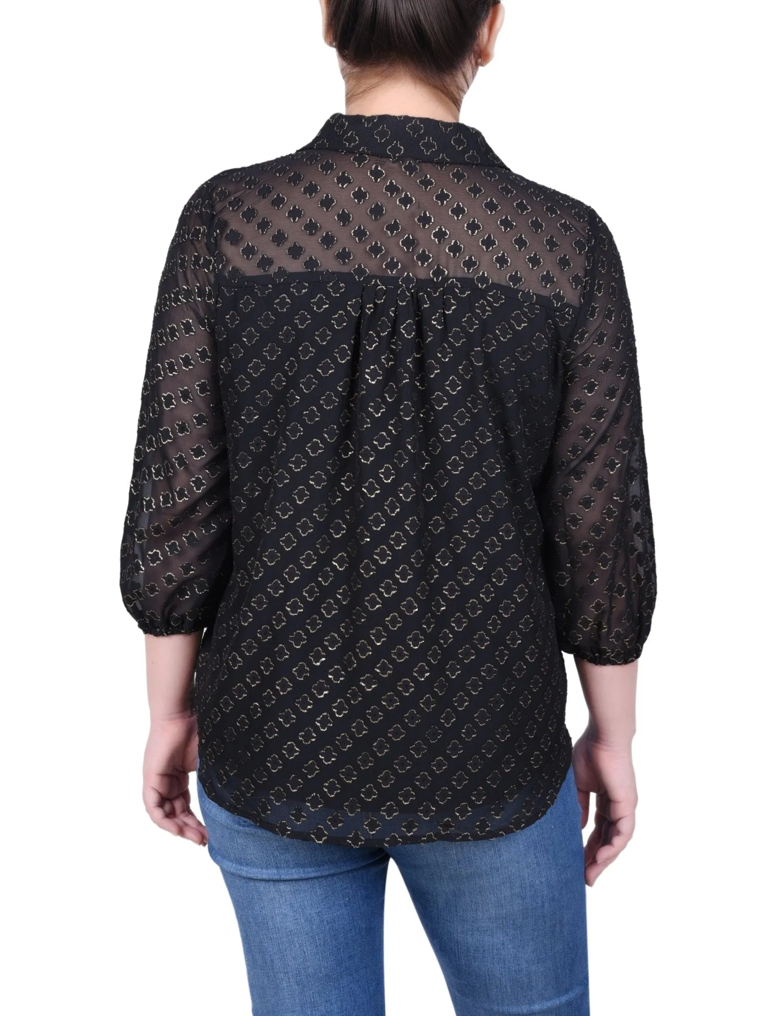 3/4 Length Sleeve Foiled Jacquard Chiffon Blouse - Petite