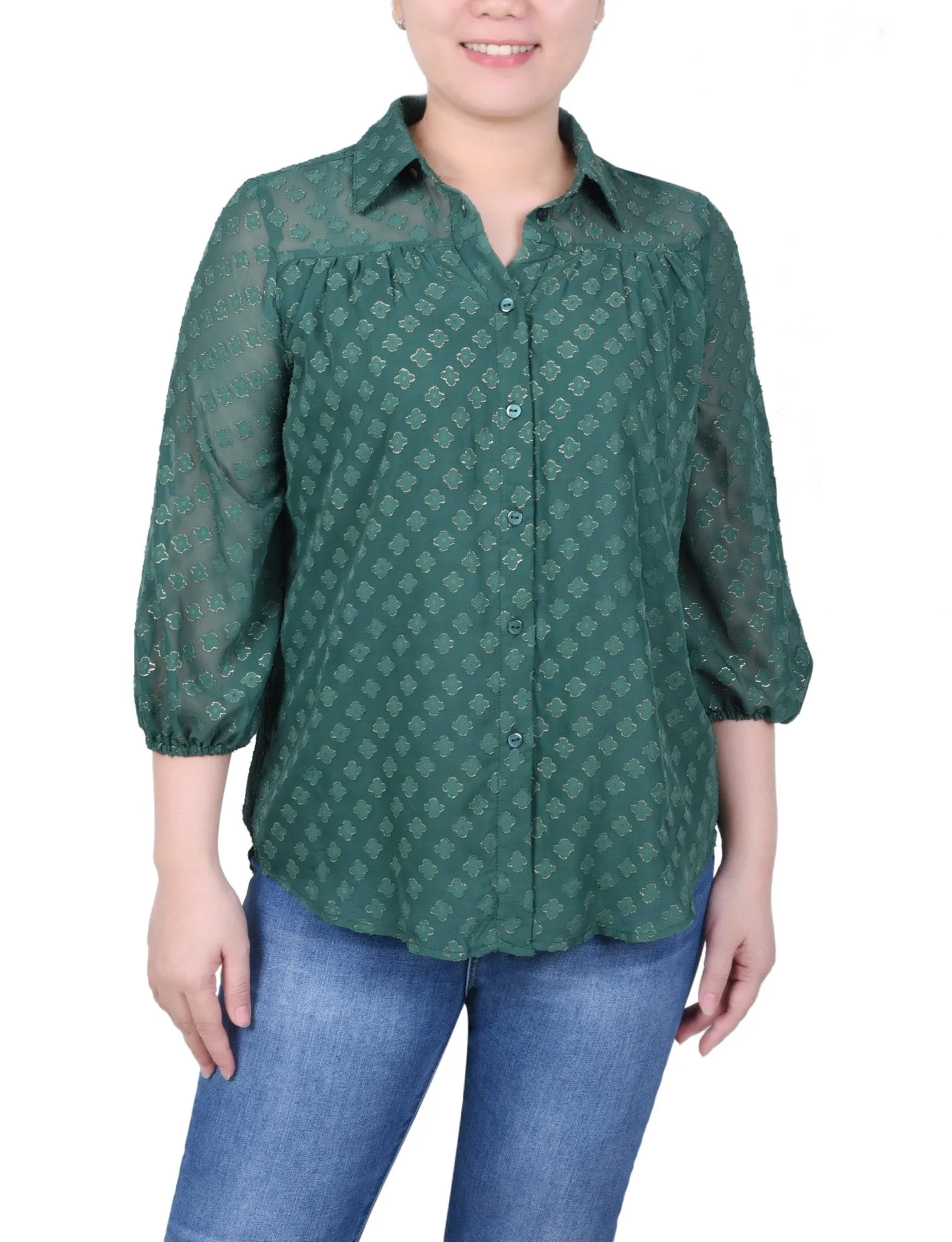 3/4 Length Sleeve Foiled Jacquard Chiffon Blouse - Petite