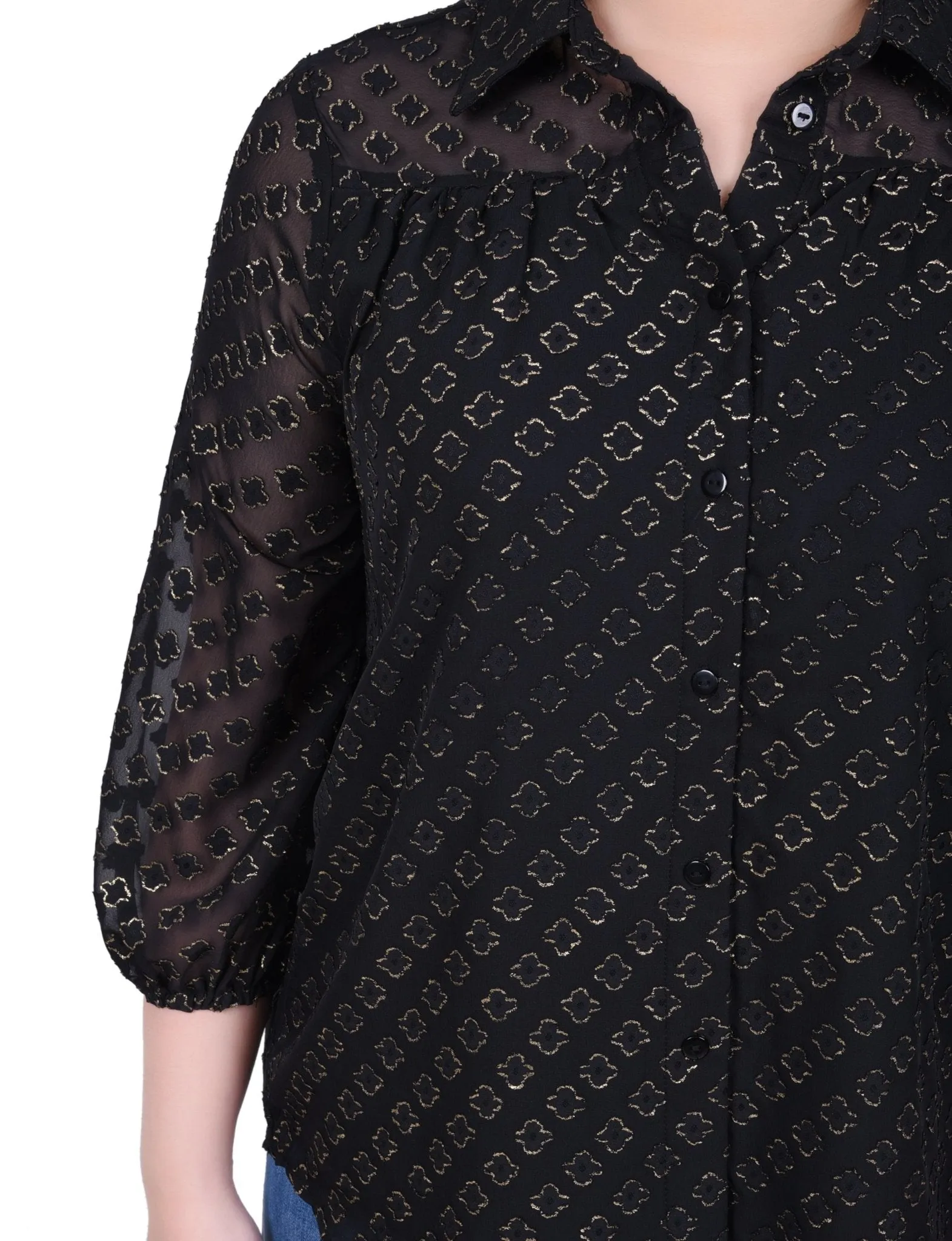 3/4 Length Sleeve Foiled Jacquard Chiffon Blouse - Petite