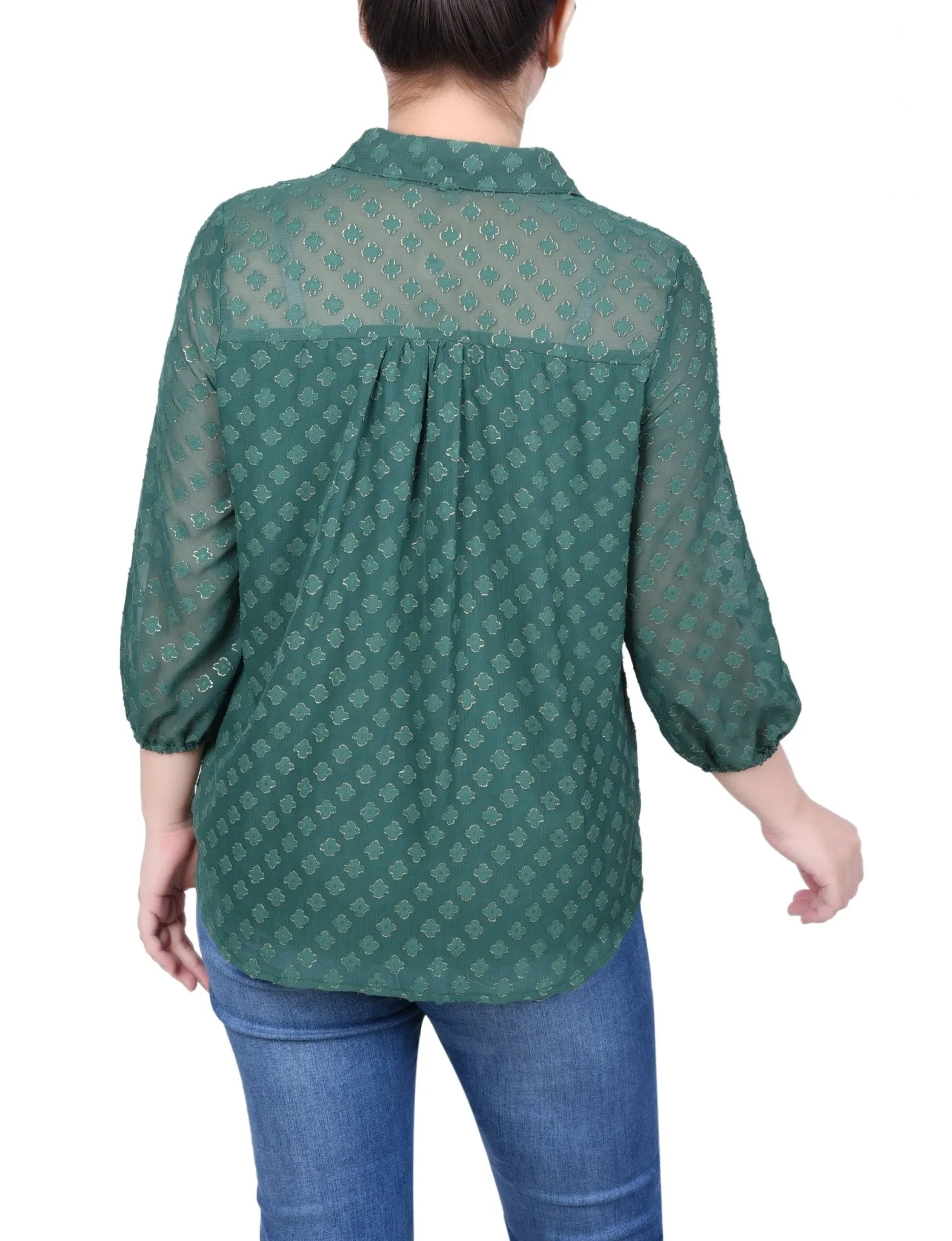 3/4 Length Sleeve Foiled Jacquard Chiffon Blouse - Petite