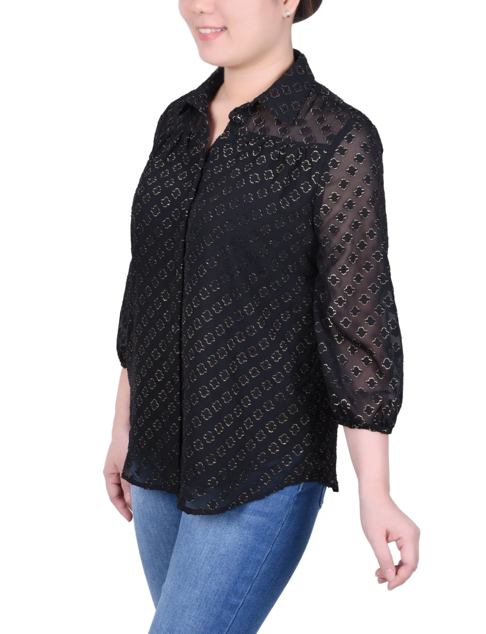 3/4 Length Sleeve Foiled Jacquard Chiffon Blouse - Petite