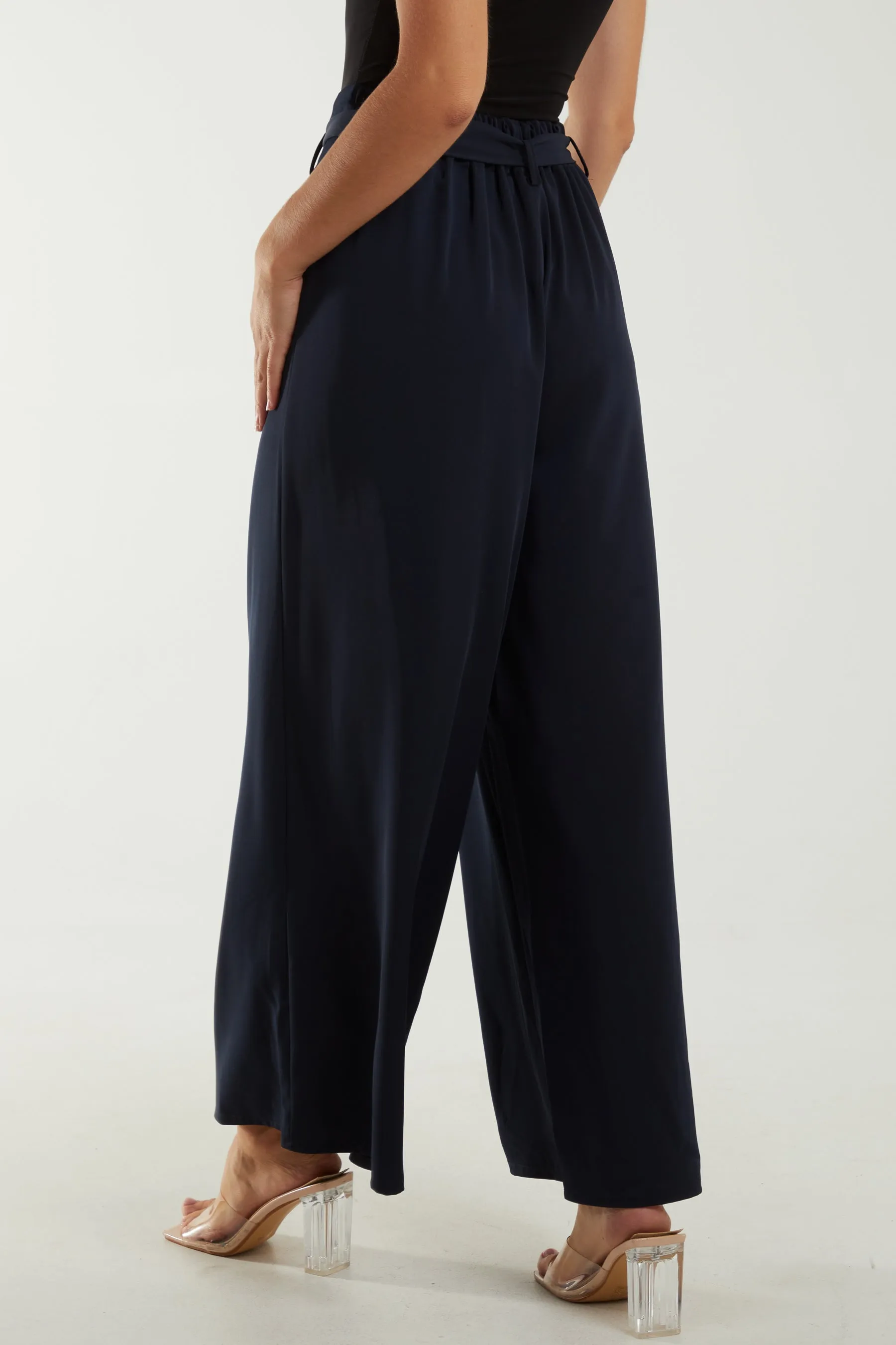 Belted Wide Leg Pleated Trousers