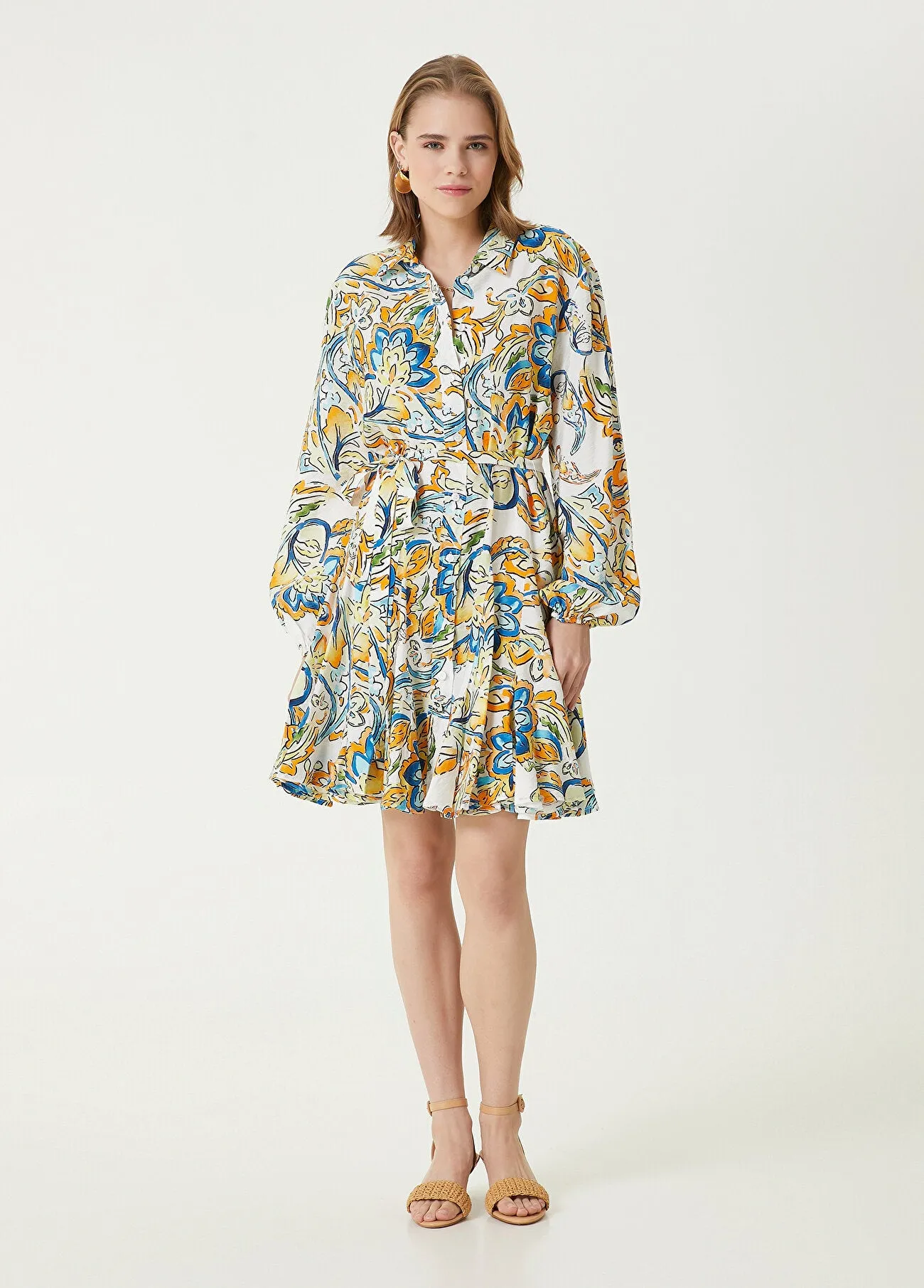 Beymen Club Patterned Mini Shirt Dress Ecru
