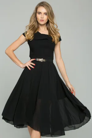 Black Chiffon Double Layer Off-The-Shoulder A-Line Midi Dress