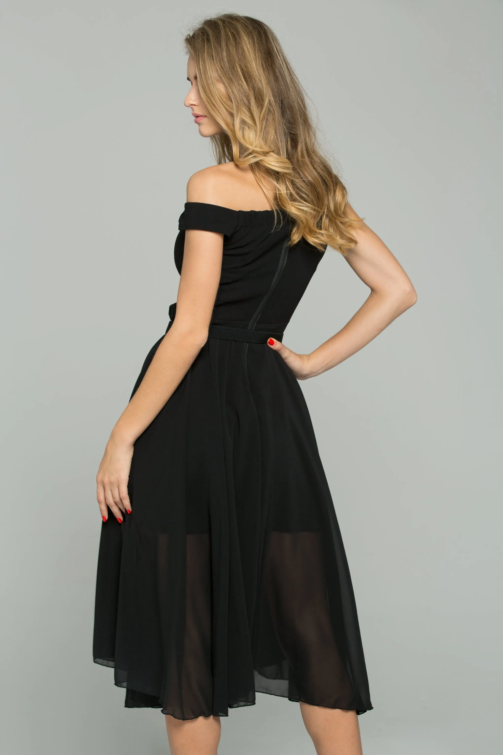 Black Chiffon Double Layer Off-The-Shoulder A-Line Midi Dress