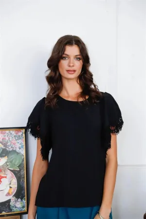 Black Lace Trim Detail Flowy Short Puff Sleeve Top /1-1-2-1