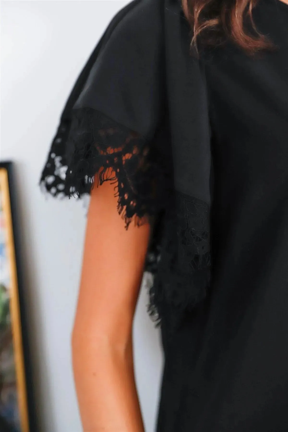 Black Lace Trim Detail Flowy Short Puff Sleeve Top /1-1-2-1