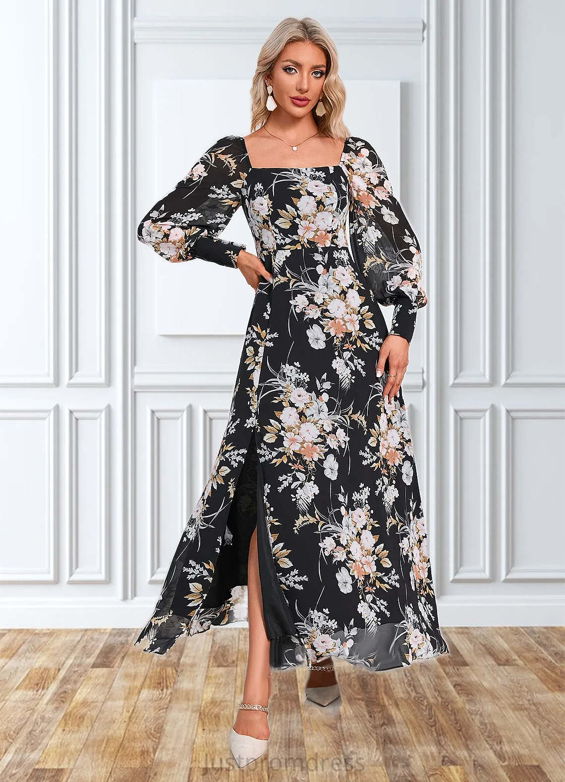 Blanche Floral Print Off the Shoulder Elegant A-line Chiffon Maxi Dresses HHP0022515