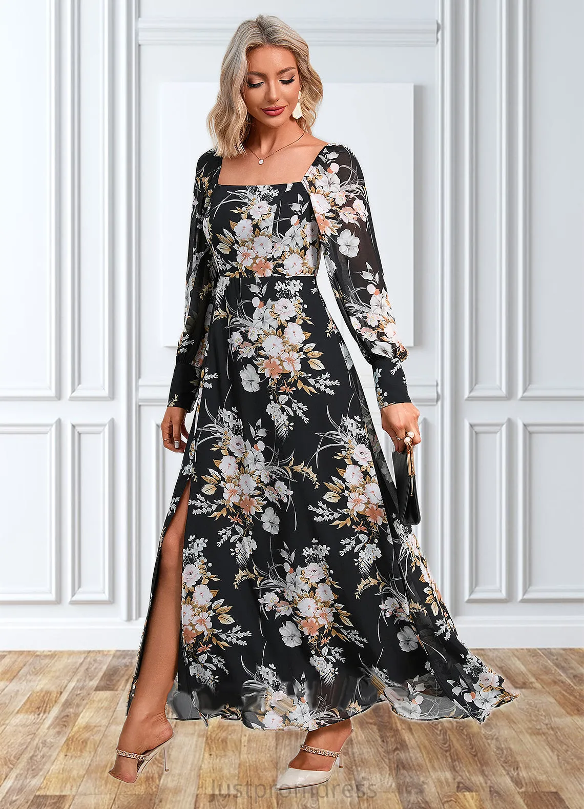 Blanche Floral Print Off the Shoulder Elegant A-line Chiffon Maxi Dresses HHP0022515