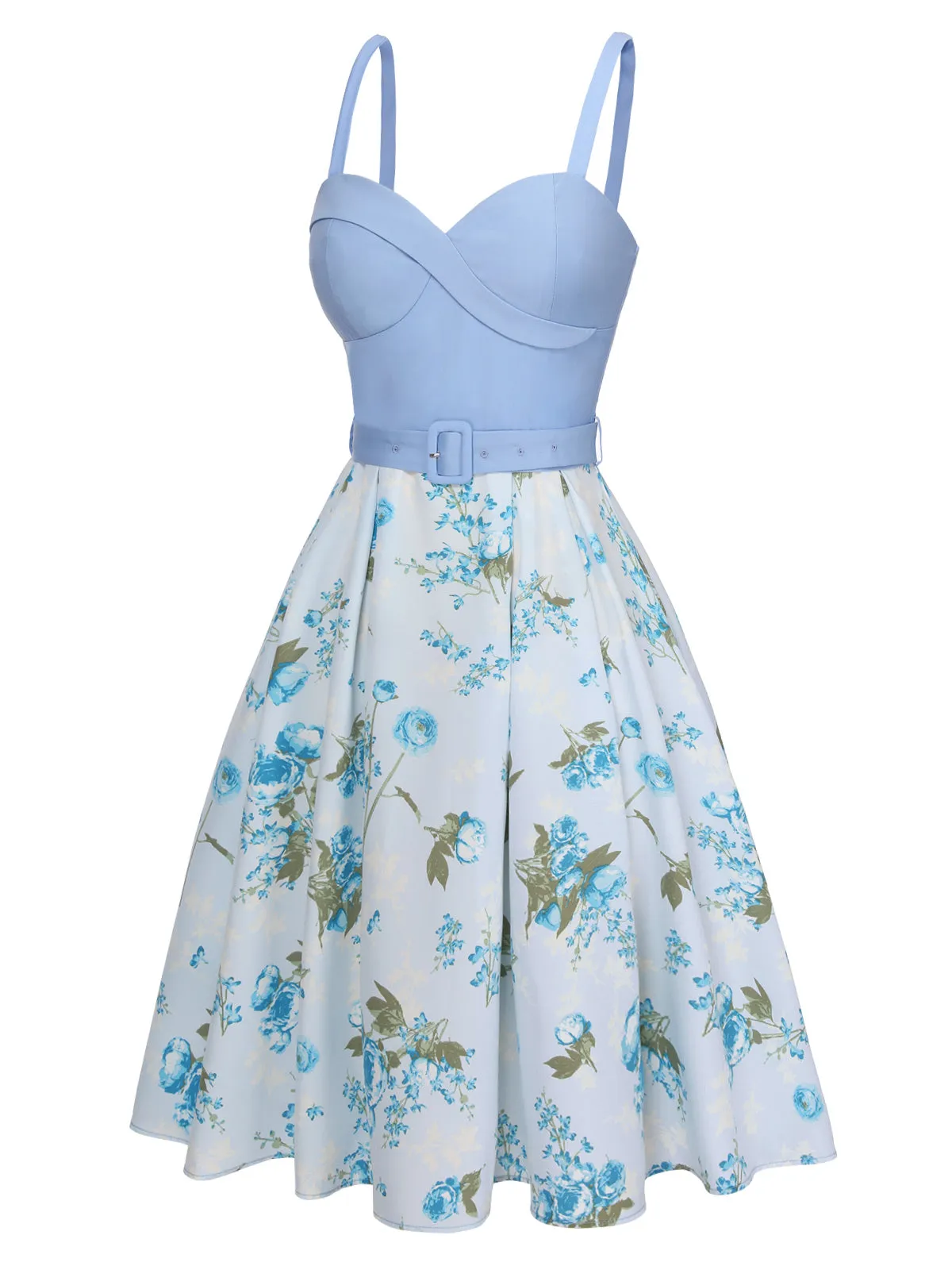 Blue 1950s Spaghetti Strap Floral Belted Dress