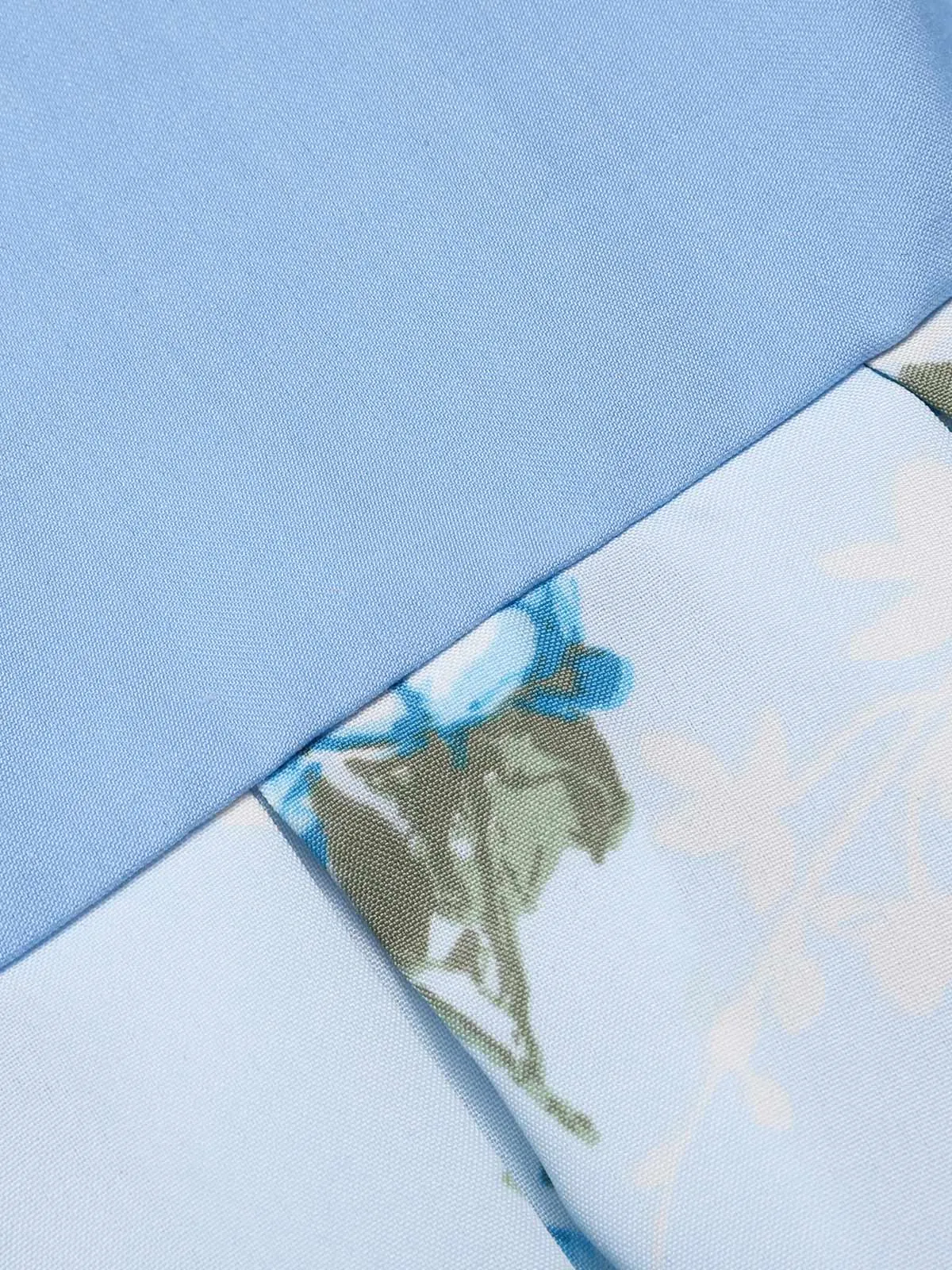 Blue 1950s Spaghetti Strap Floral Belted Dress