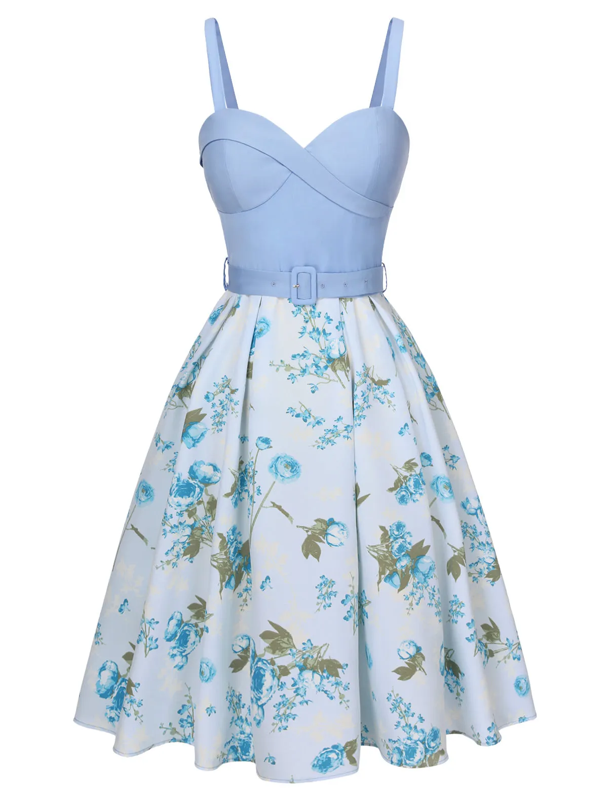 Blue 1950s Spaghetti Strap Floral Belted Dress