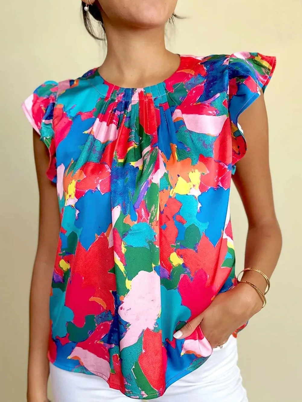 Blue Abstract Print Flutter Sleeve Shift Blouse