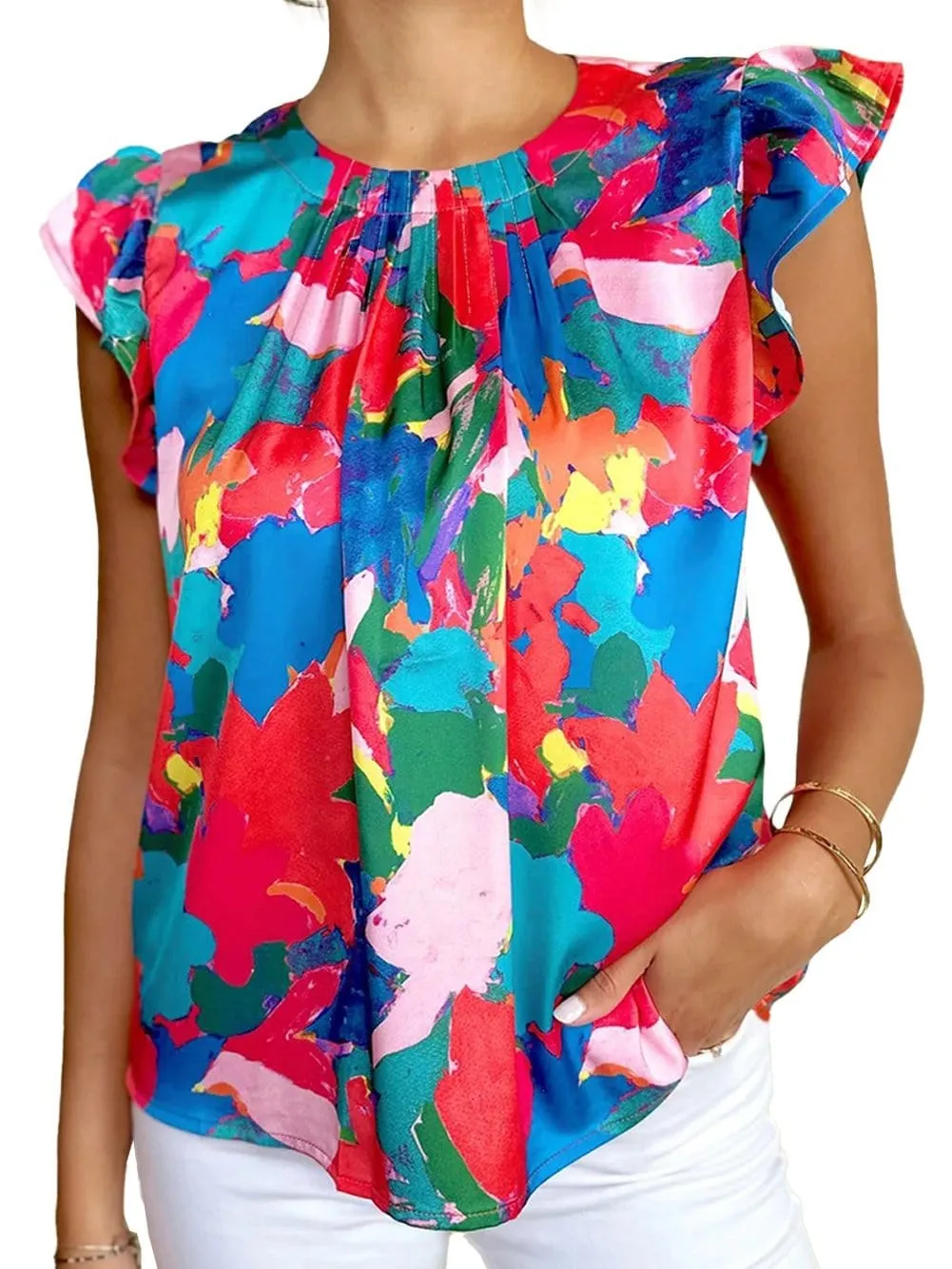 Blue Abstract Print Flutter Sleeve Shift Blouse