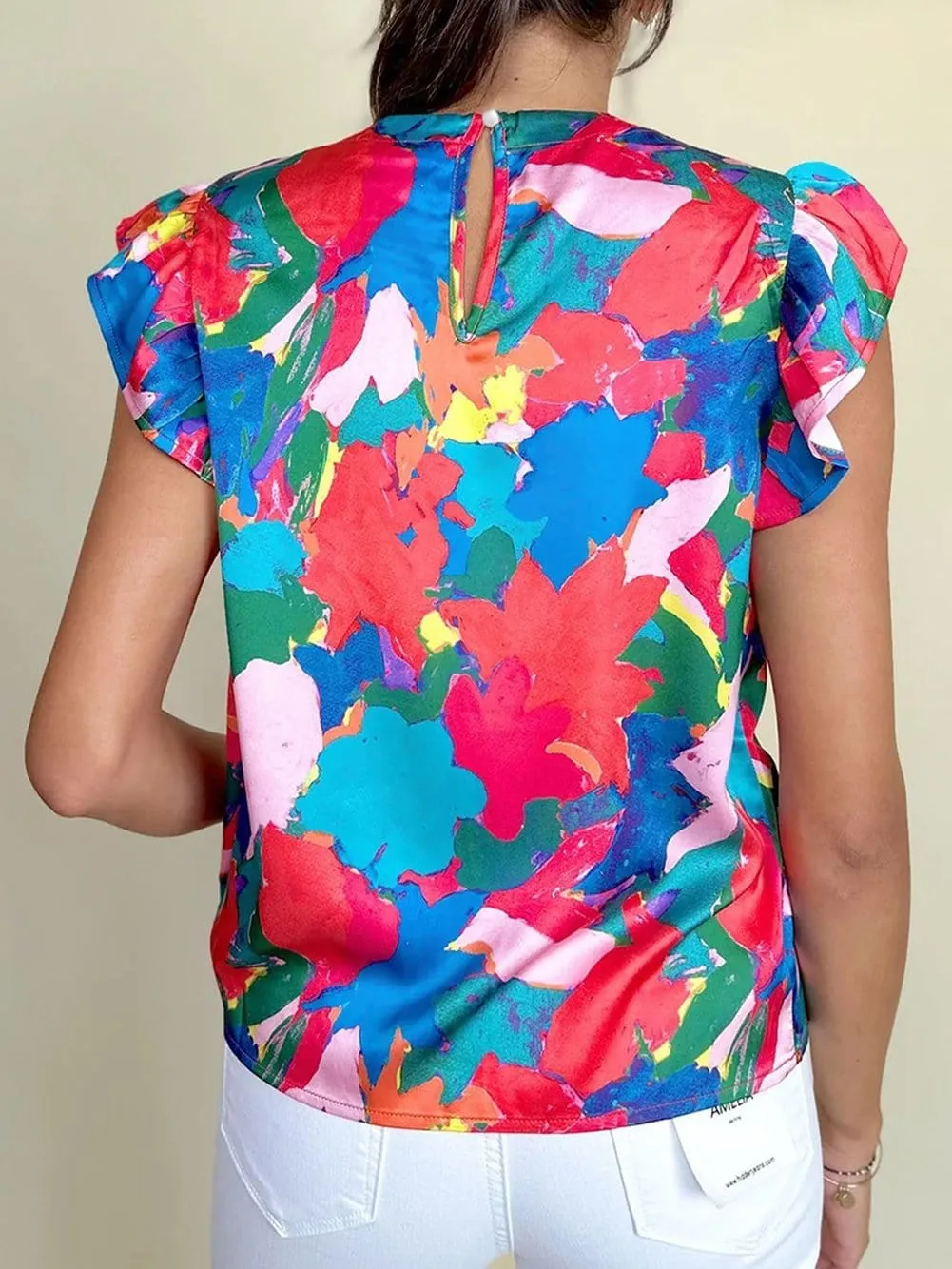 Blue Abstract Print Flutter Sleeve Shift Blouse