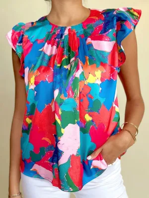 Blue Abstract Print Flutter Sleeve Shift Blouse