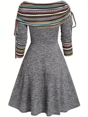 Bohemian Knit Midi Dress with Drawstring Sleeves