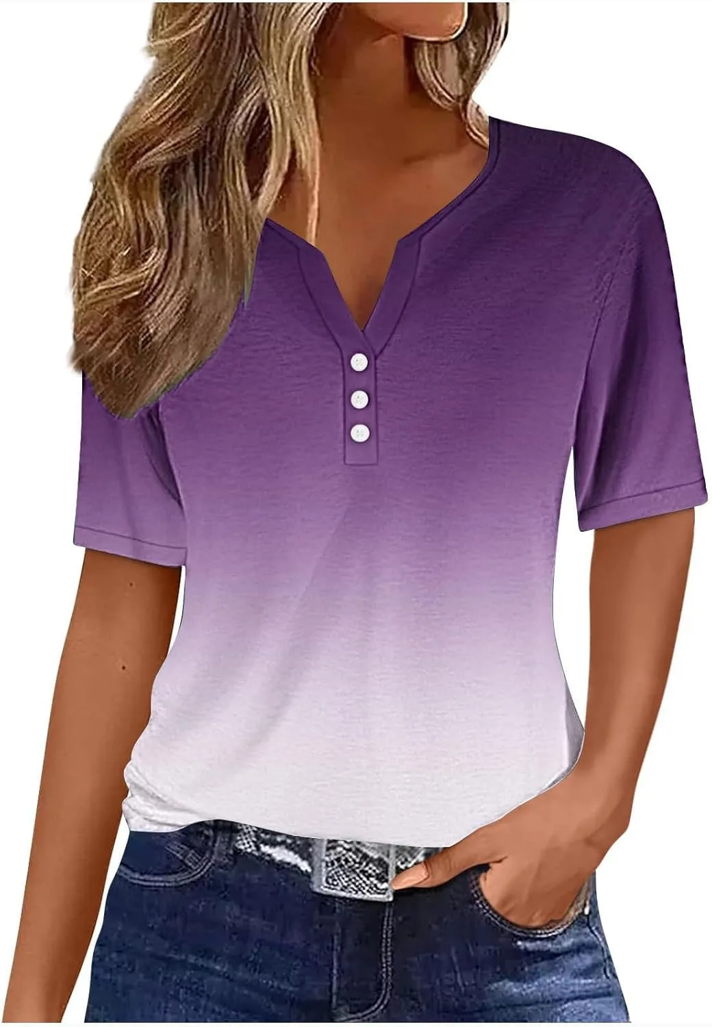 Button Down Shirts for Women Short Sleeve Summer Casual Tops V Neck Floral Print Henley Tshirt Trendy Tunic Blouses