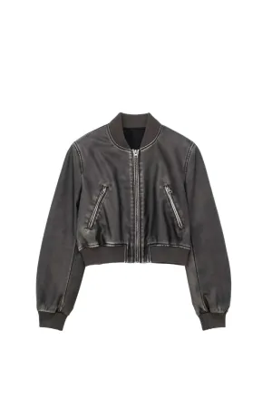 'Camila' Cropped Faux Leather Bomber Jacket