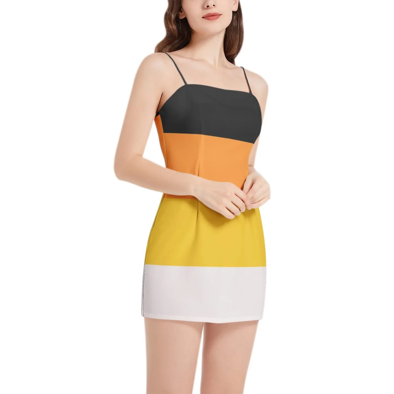 Candy Corn Sleeveless Square Neckline Spaghetti Strap Mini Dress