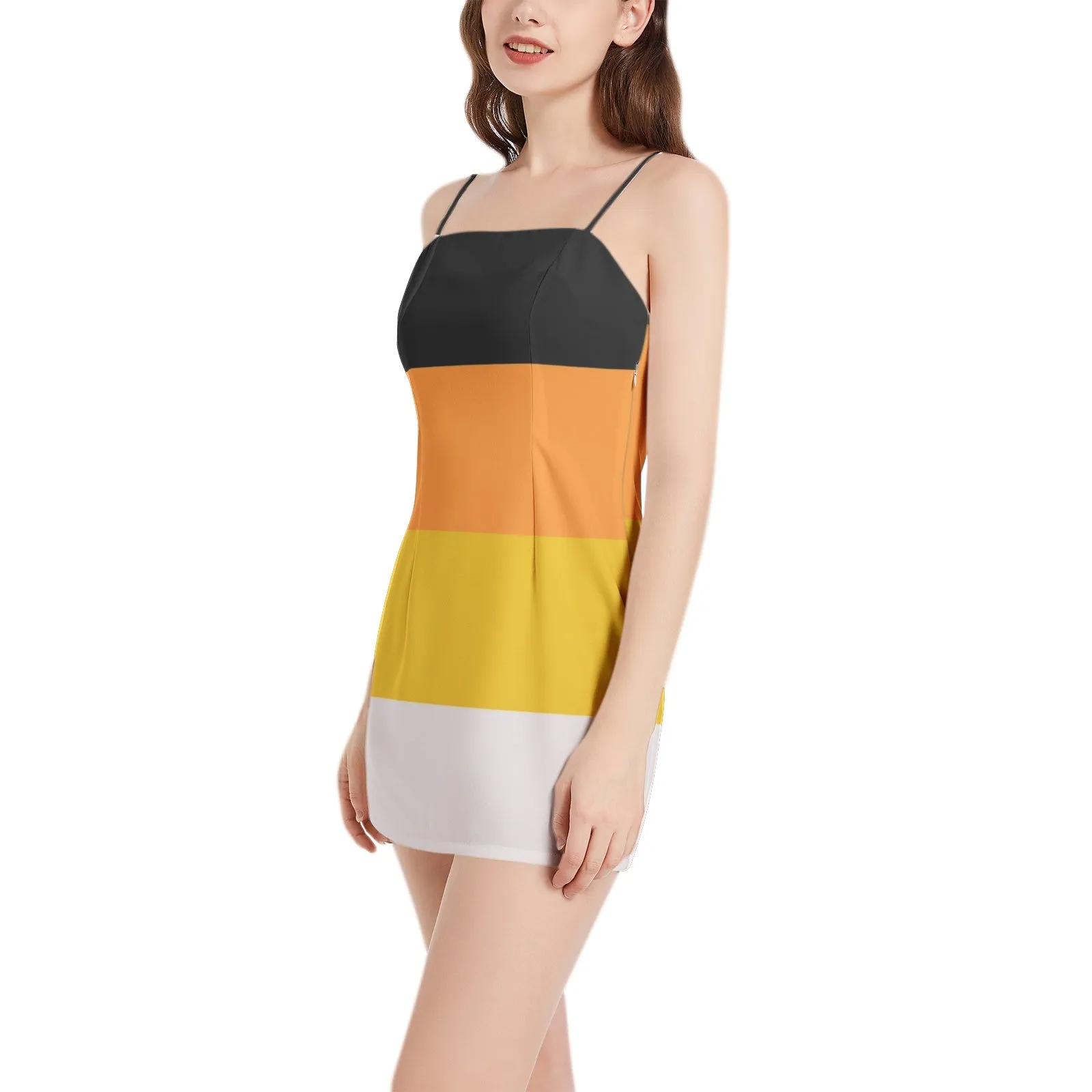 Candy Corn Sleeveless Square Neckline Spaghetti Strap Mini Dress