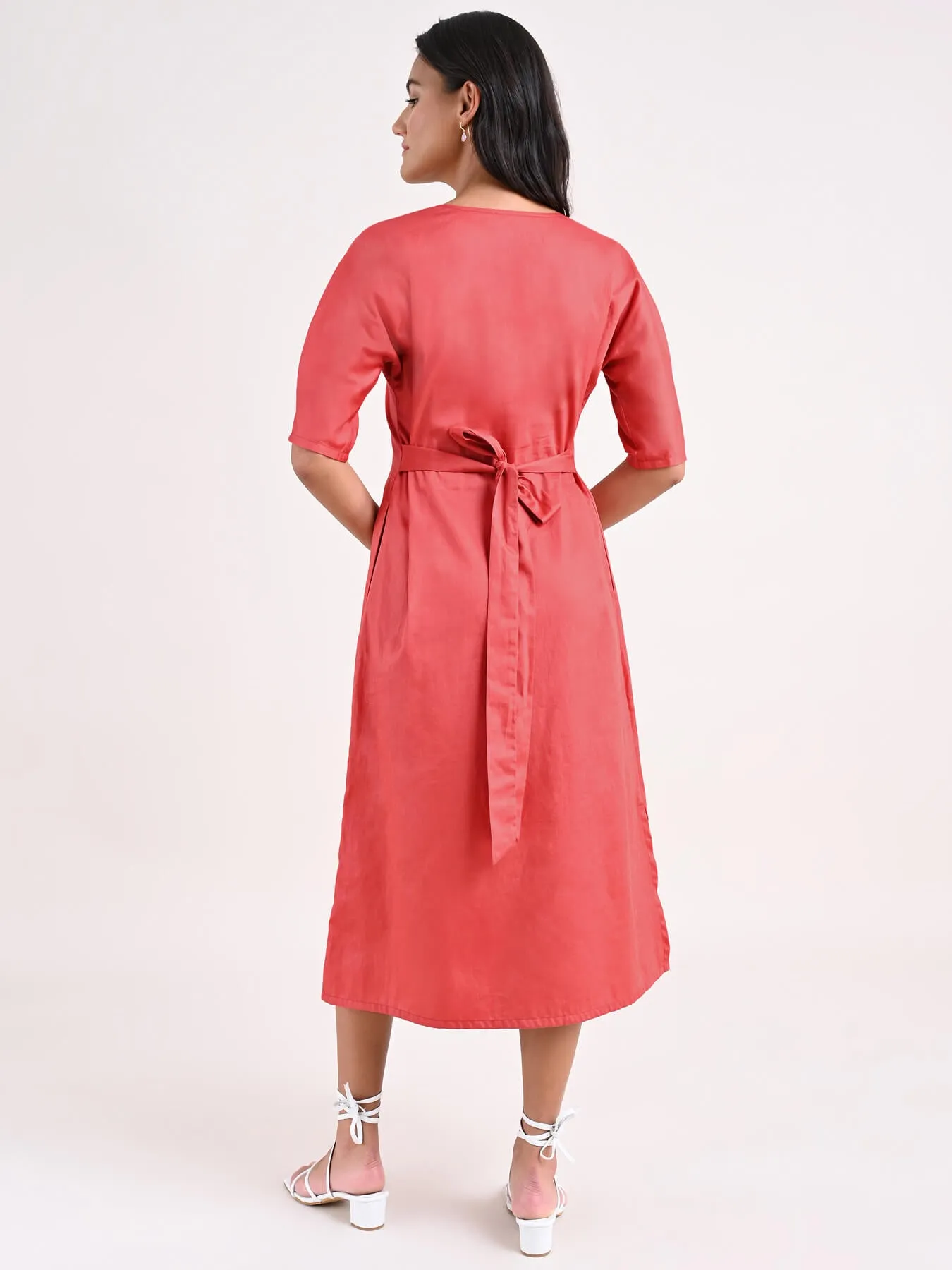 Cotton A Line Dress - Coral Red