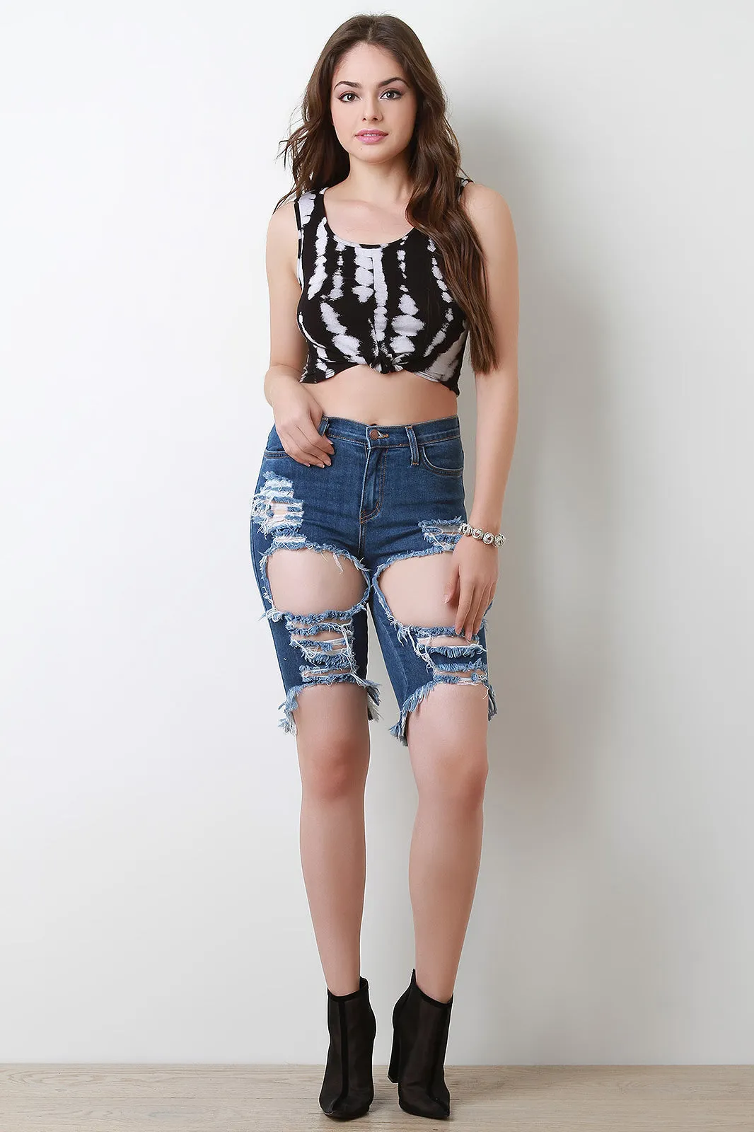Distress Hole Bermuda Denim Shorts