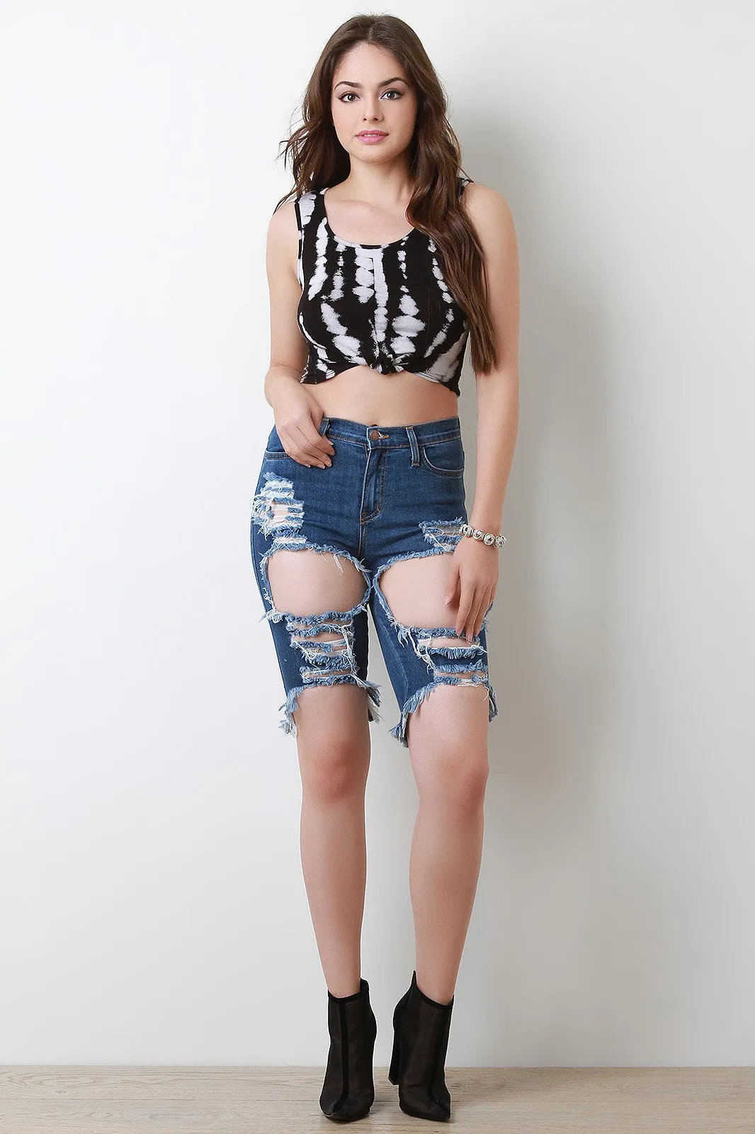 Distress Hole Bermuda Denim Shorts