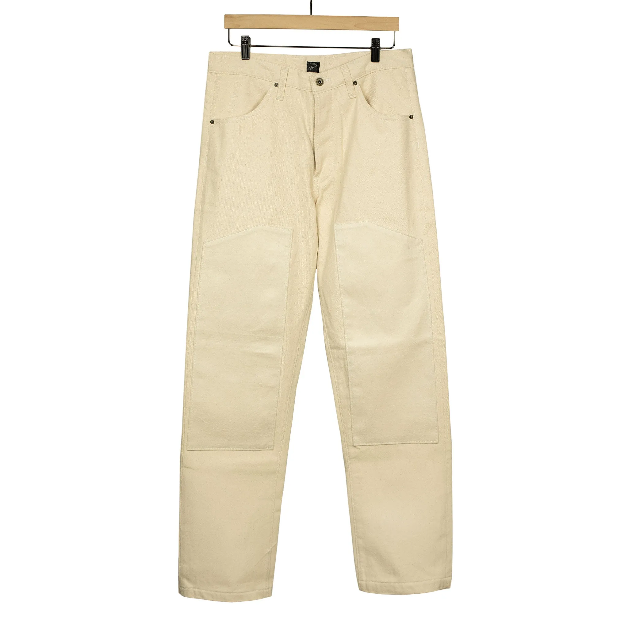 Double knee trouser in reversed cream brushed back cotton twill