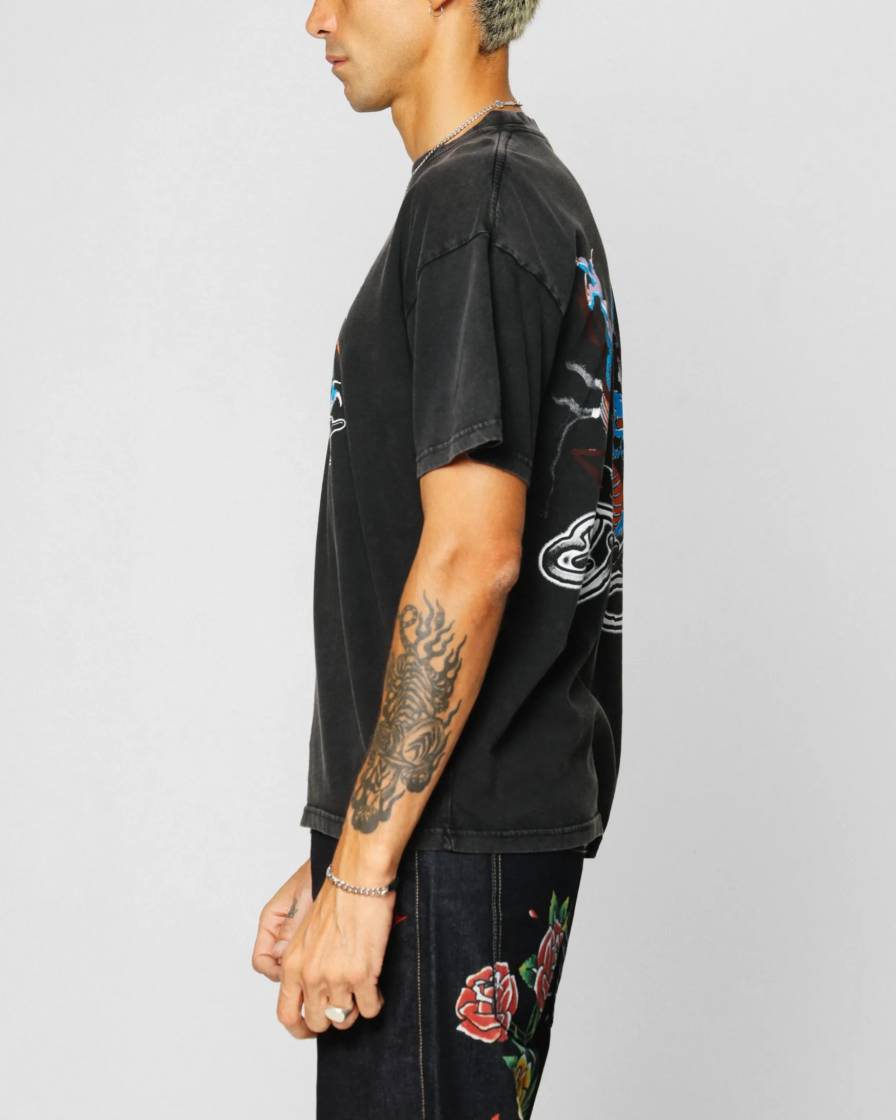 Ed Hardy Dragon Chest T-Shirt Black Acidwash