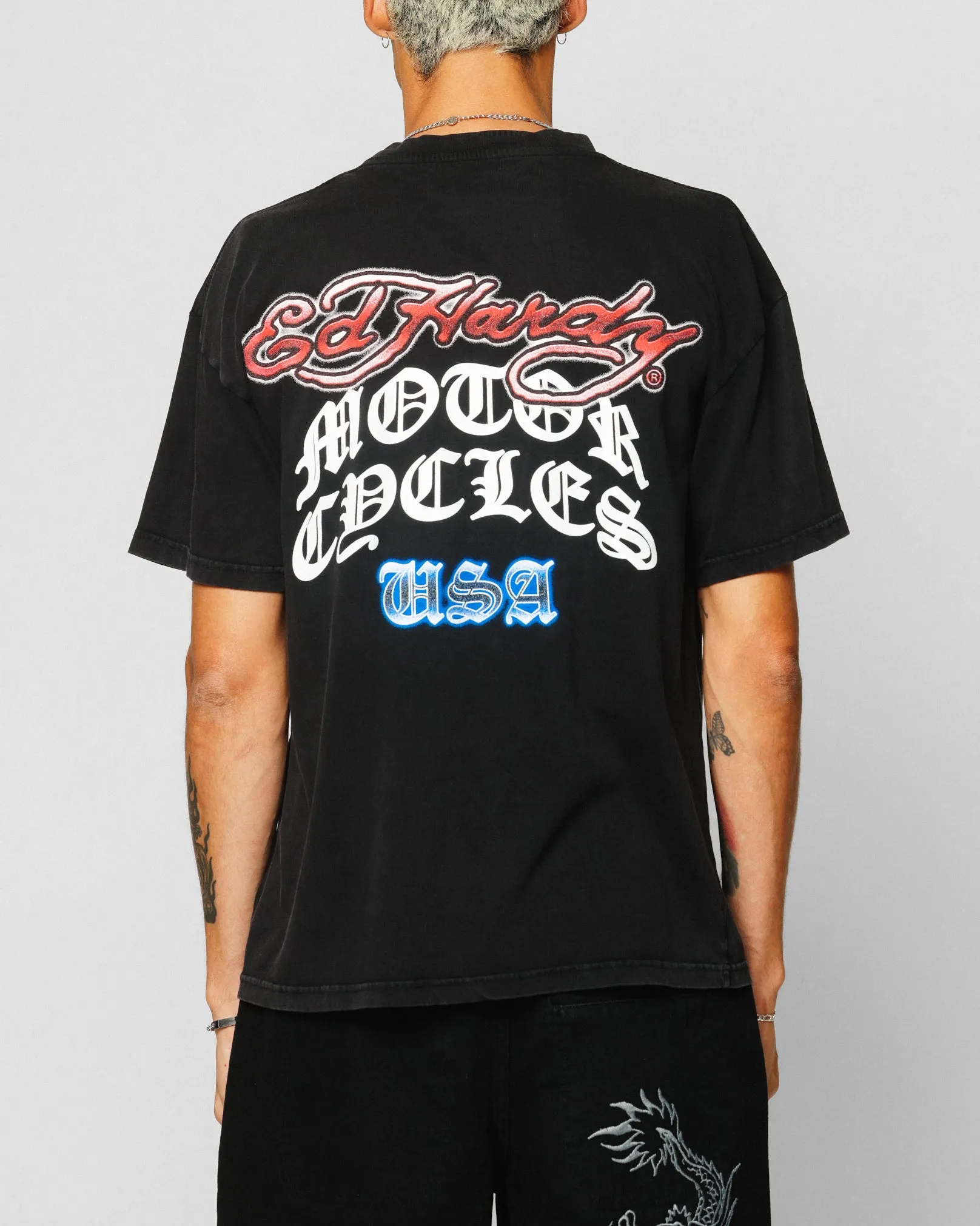 Ed Hardy Motor Cycle Club T-Shirt Black Acidwash