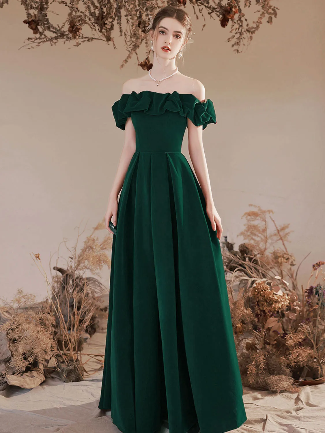 Emerald Green Off The Shoulder A-line Prom Dress