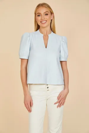Faux Leather Puff Sleeve Top W/Split Neckline