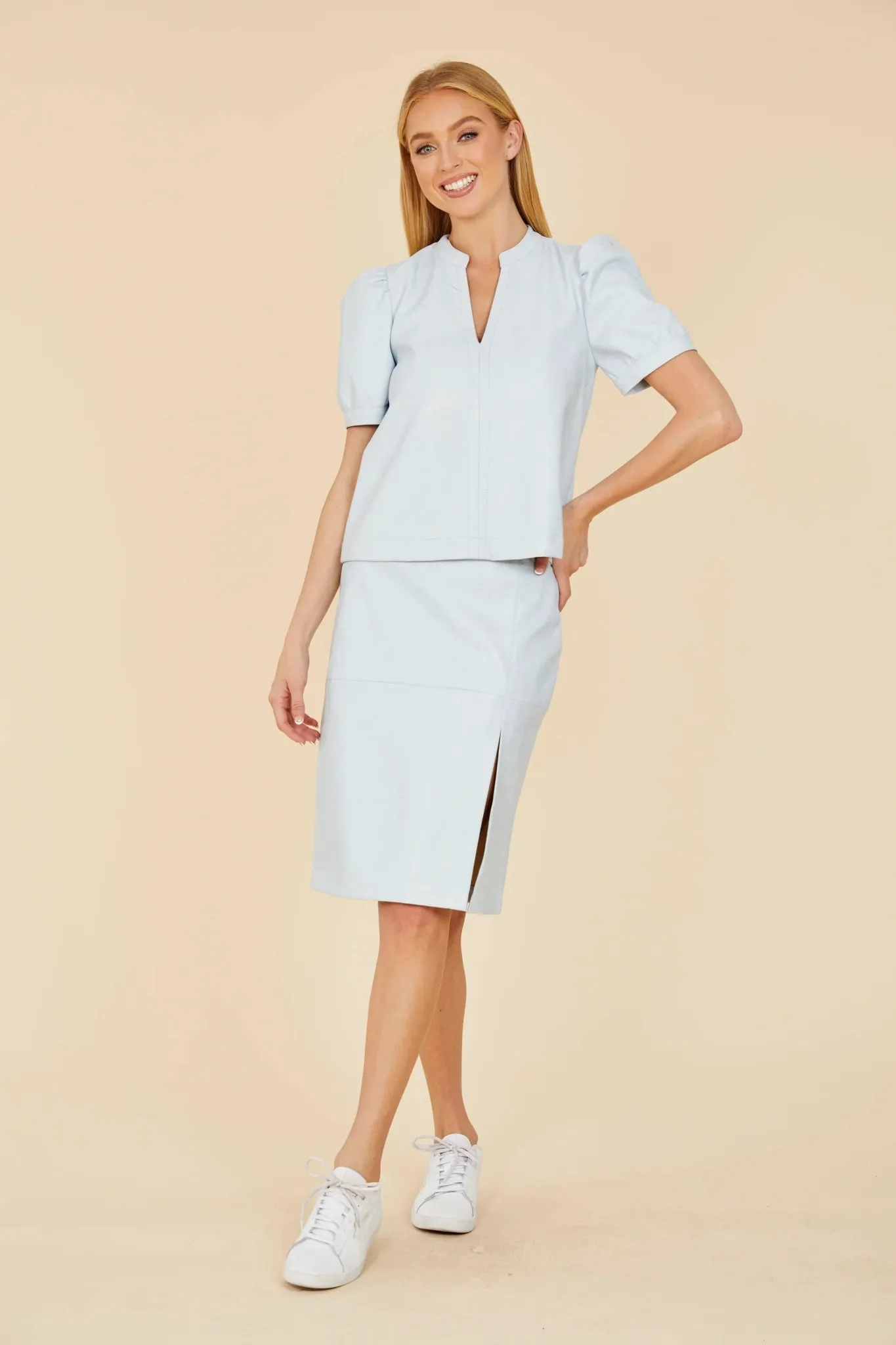 Faux Leather Puff Sleeve Top W/Split Neckline