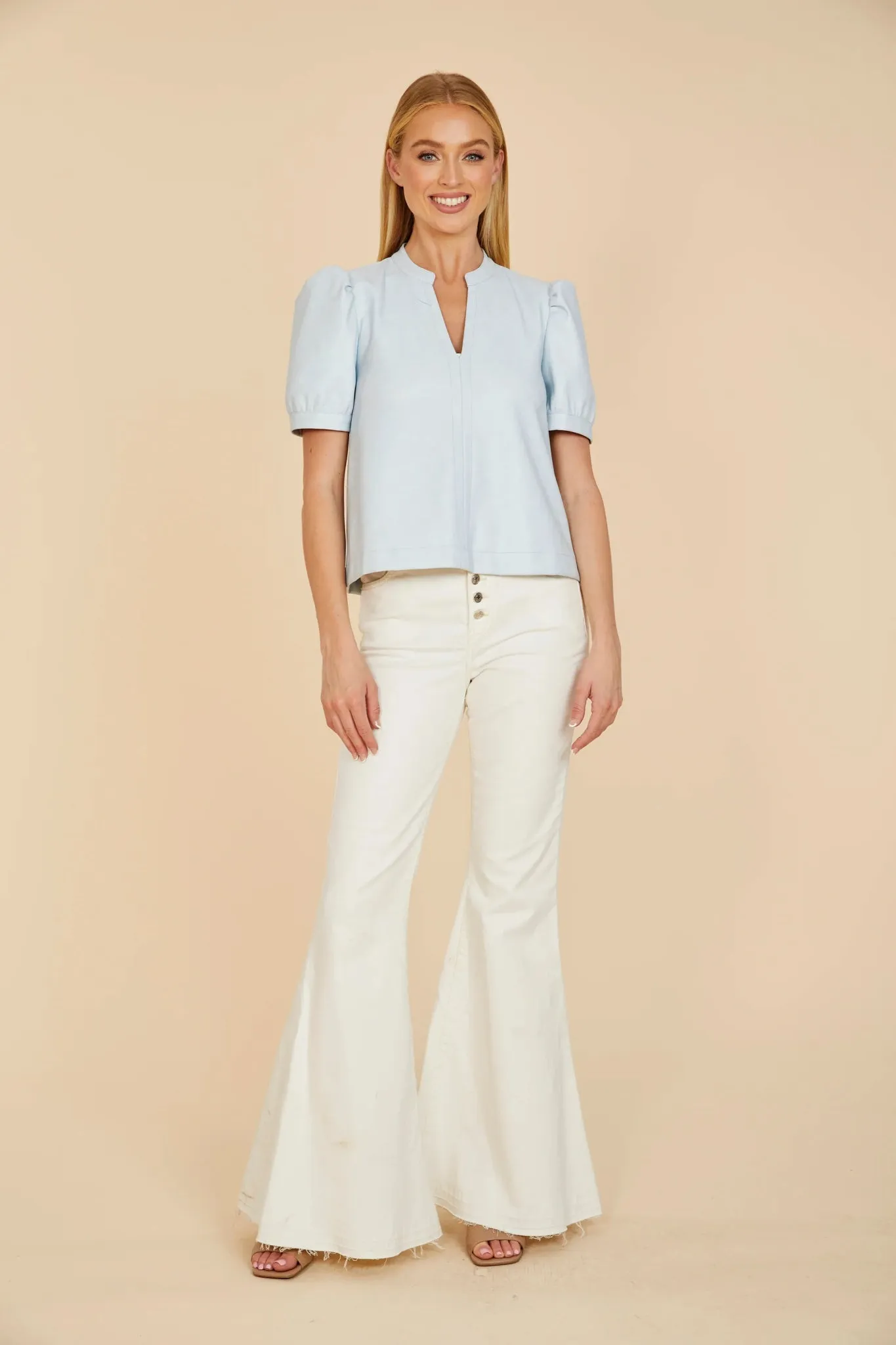 Faux Leather Puff Sleeve Top W/Split Neckline