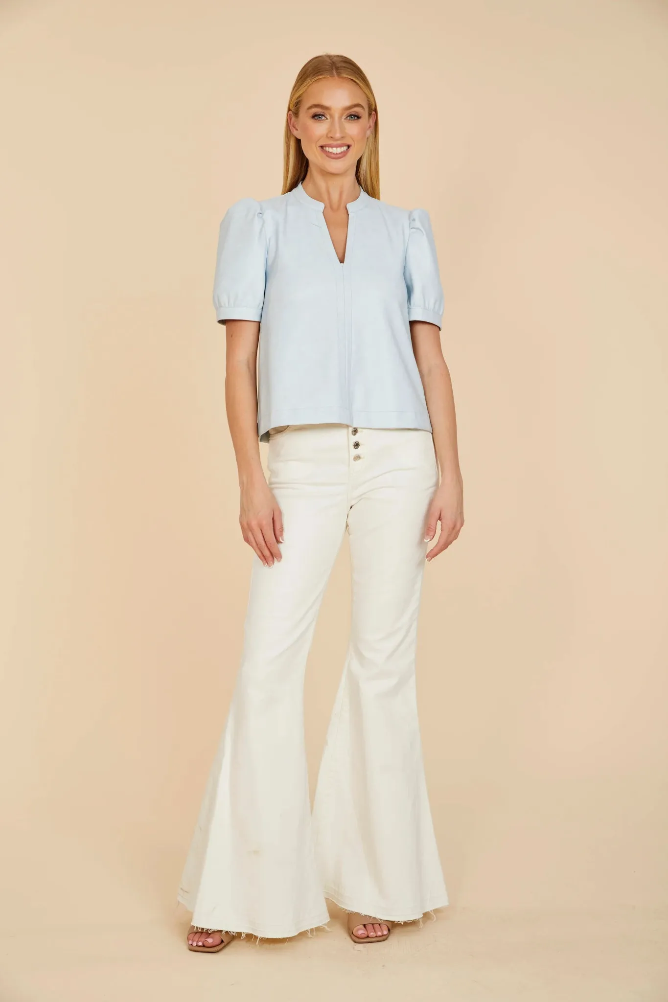 Faux Leather Puff Sleeve Top W/Split Neckline