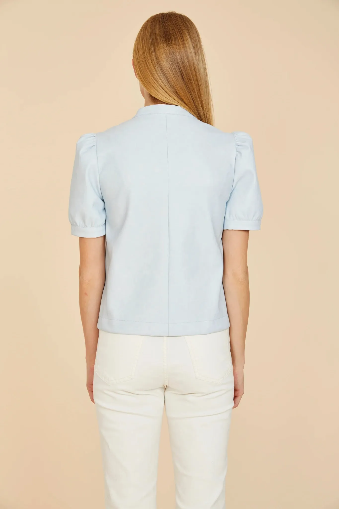 Faux Leather Puff Sleeve Top W/Split Neckline