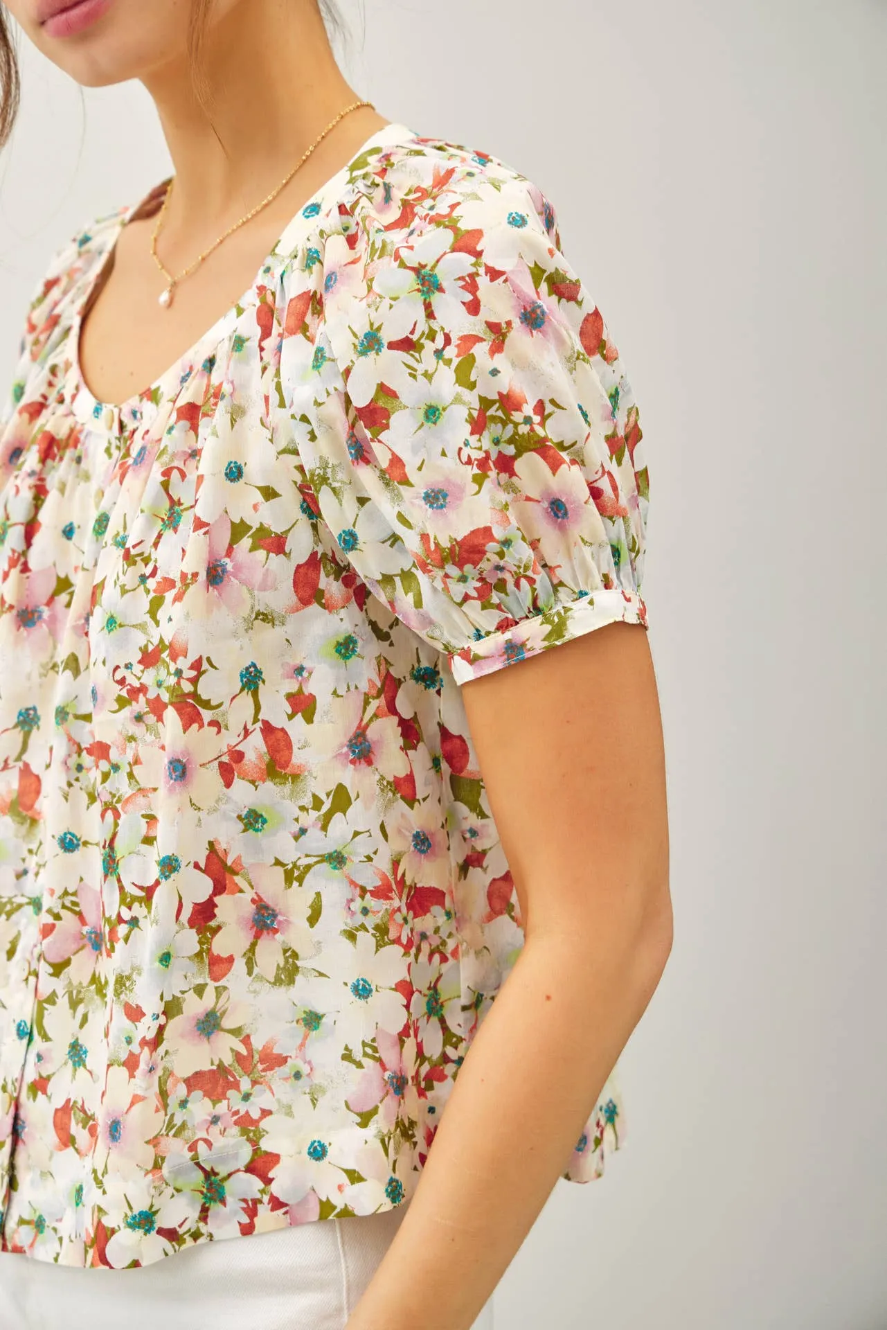 FLORAL BOXY PUFF SLEEVE BUTTON UP TOP