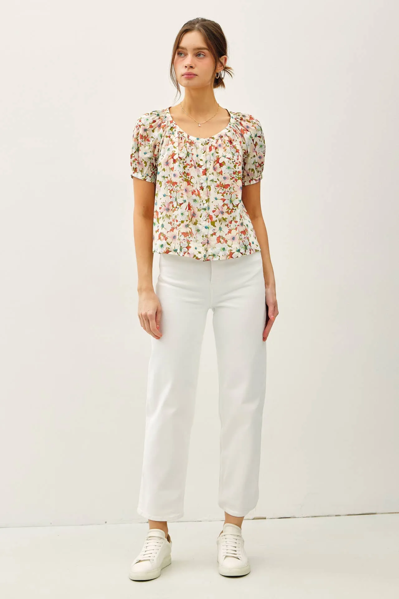 FLORAL BOXY PUFF SLEEVE BUTTON UP TOP