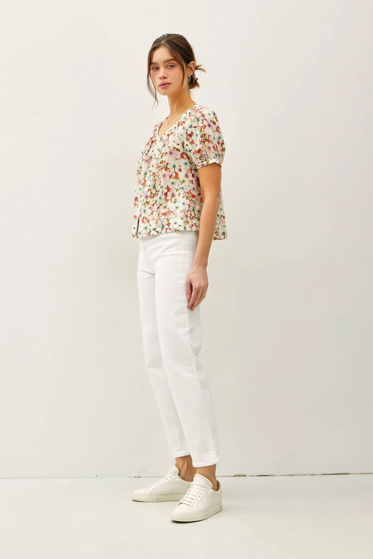 FLORAL BOXY PUFF SLEEVE BUTTON UP TOP